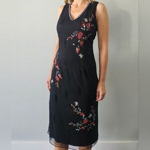 Adrianna Papell Evening Black Red Embroidered Floral Maxi Dress Beaded detail 12